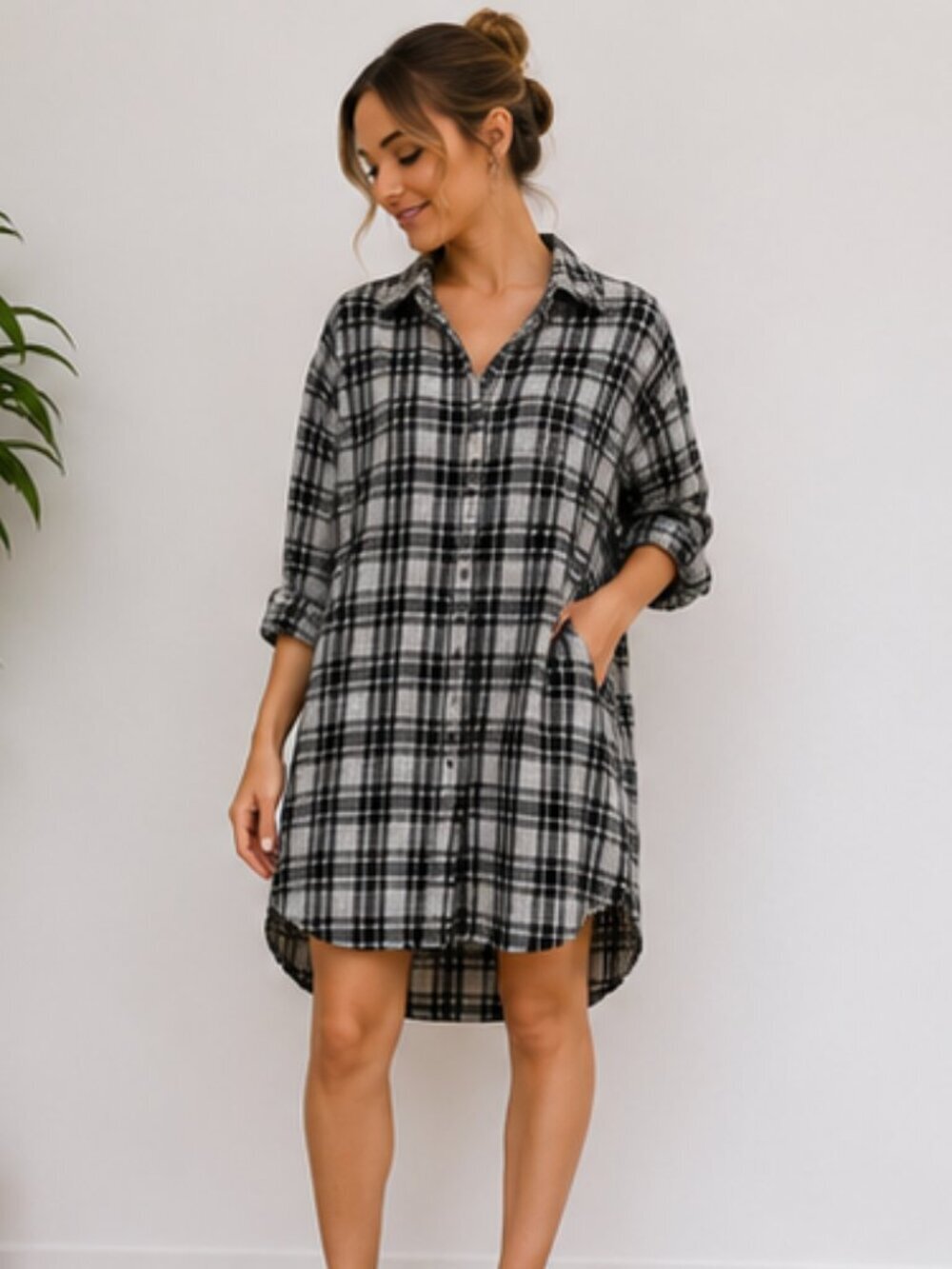 Madewell Checkered Long Sleeve Dress in Black and White
